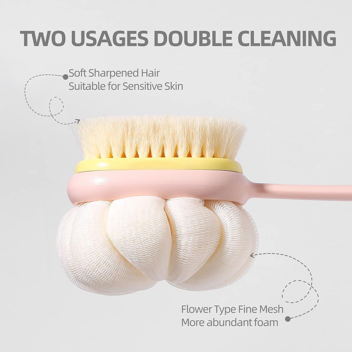Body Shower Brush with Bristles and Loofah,Back Scrubber Bath Mesh Sponge with Long Handle for Skin Exfoliating Bath, Massage Bristles Suitable for Wet or Dry, Men and Women (Pink & Green)