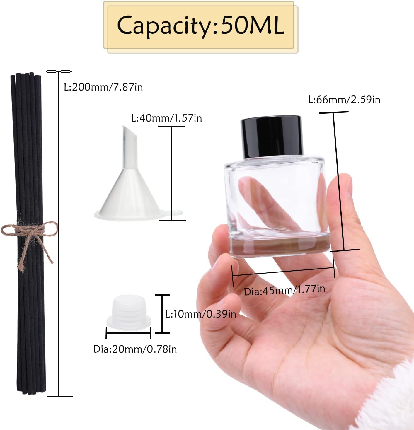 4PCS Refillable Fragrance Glass Diffuser Bottles with 20pcs Reeds Sticks & Black Caps & Funnel, Diffuser Jars for Home Oil Fragrance Decoration Girl Women Gift (50ML)