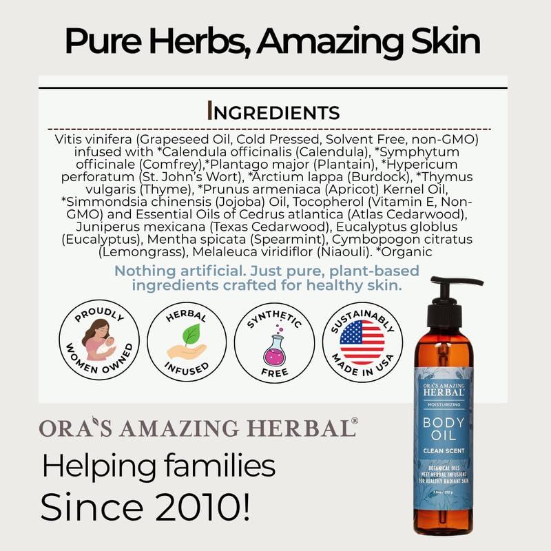 Ora's Amazing Herbal Moisturizing Skin Oil with Eucalyptus & Lemongrass Essential Oils, Body Hydration for Dry Skin, Massage Oil, Body Oils for Men and Women, Natural Skin Care, 2 oz Travel Size