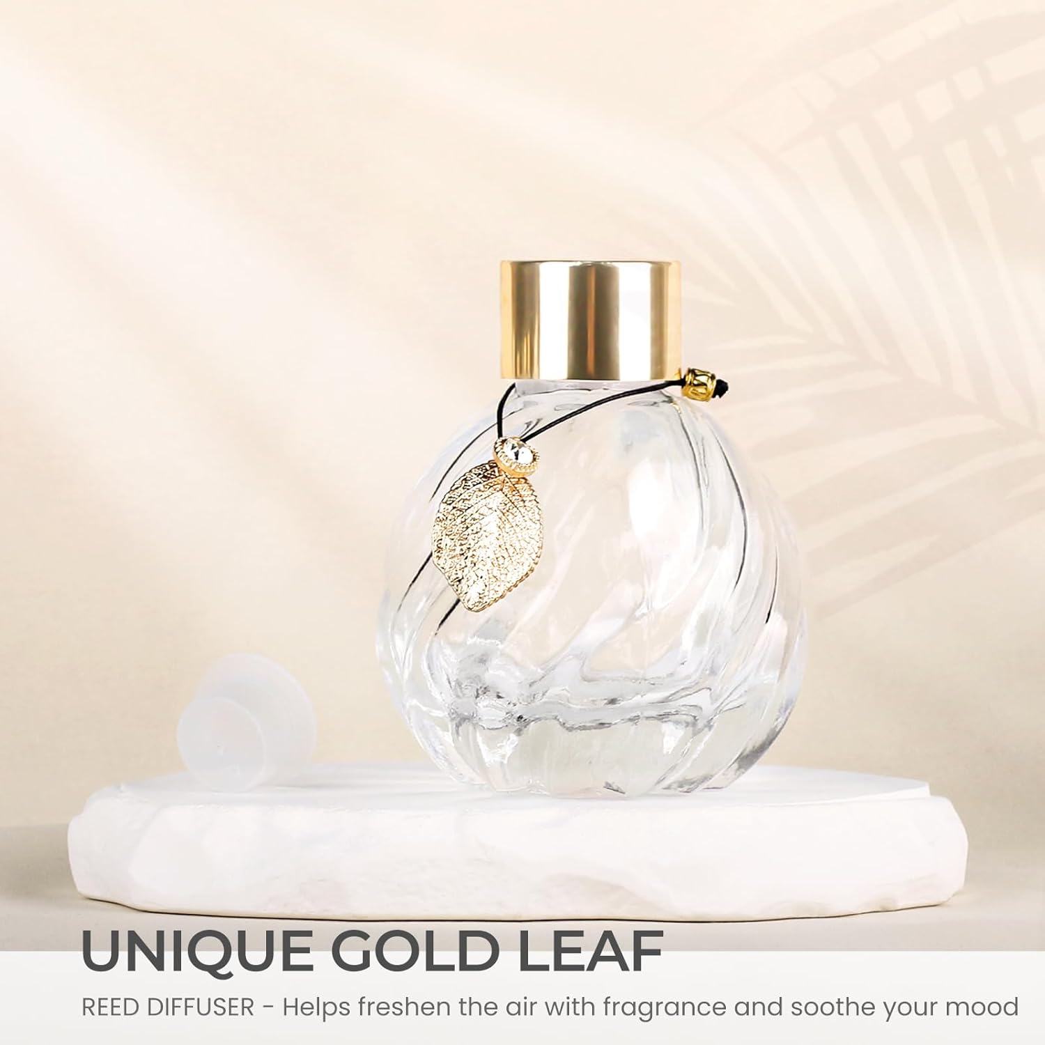 4-Piece Reed Diffuser Set with Metal Golden Decoration, 3.5-4.2oz Empty Bottles and 20 Reed Sticks, Unique Design for Home and Office (4 Different Bottles)