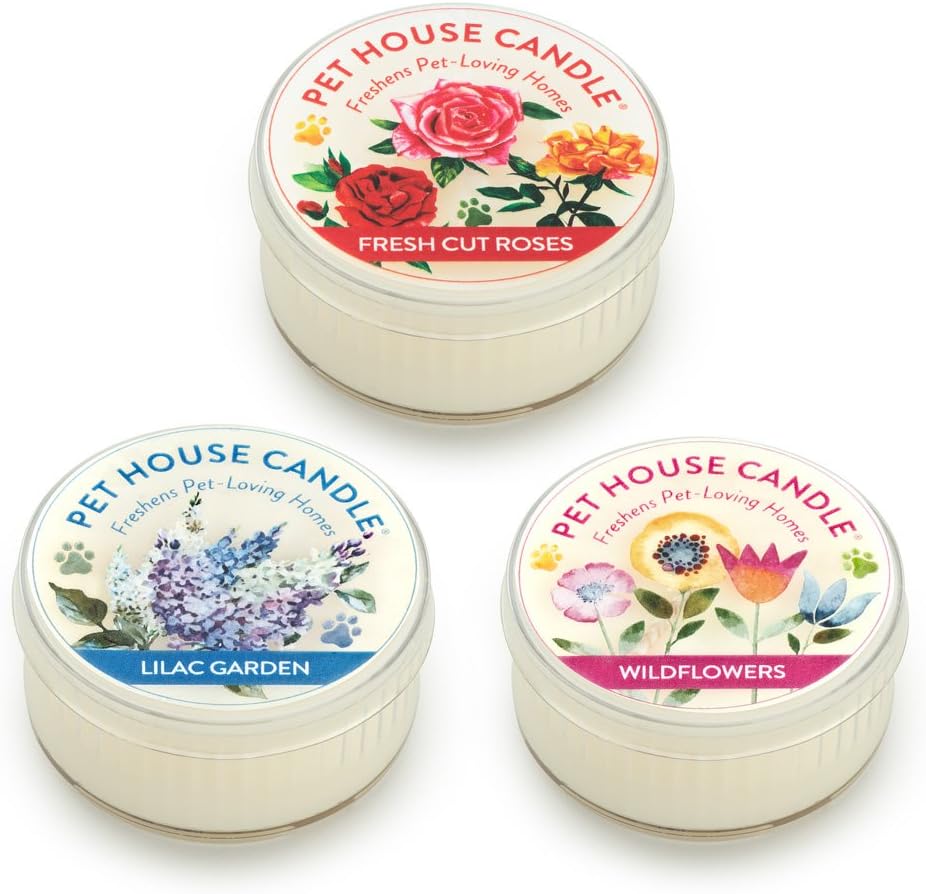 Pet House Mini Candles for Pet Odor Made with Natural Soy Wax, Plant Based, Dog and Cat Friendly Scented Candles, Floral Variety Pack of 3