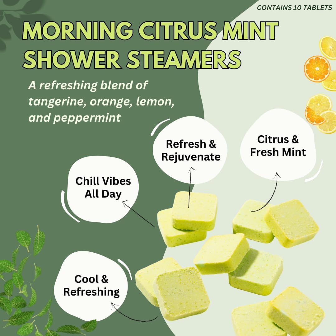 Morning Citrus Mint Shower Steamers Aromatherapy for Energy - USA Made Mothers Day Gift for Mom - Peppermint & Orange Shower Bomb Tablets – Soothing Natural Essential Oils (10 Pack)