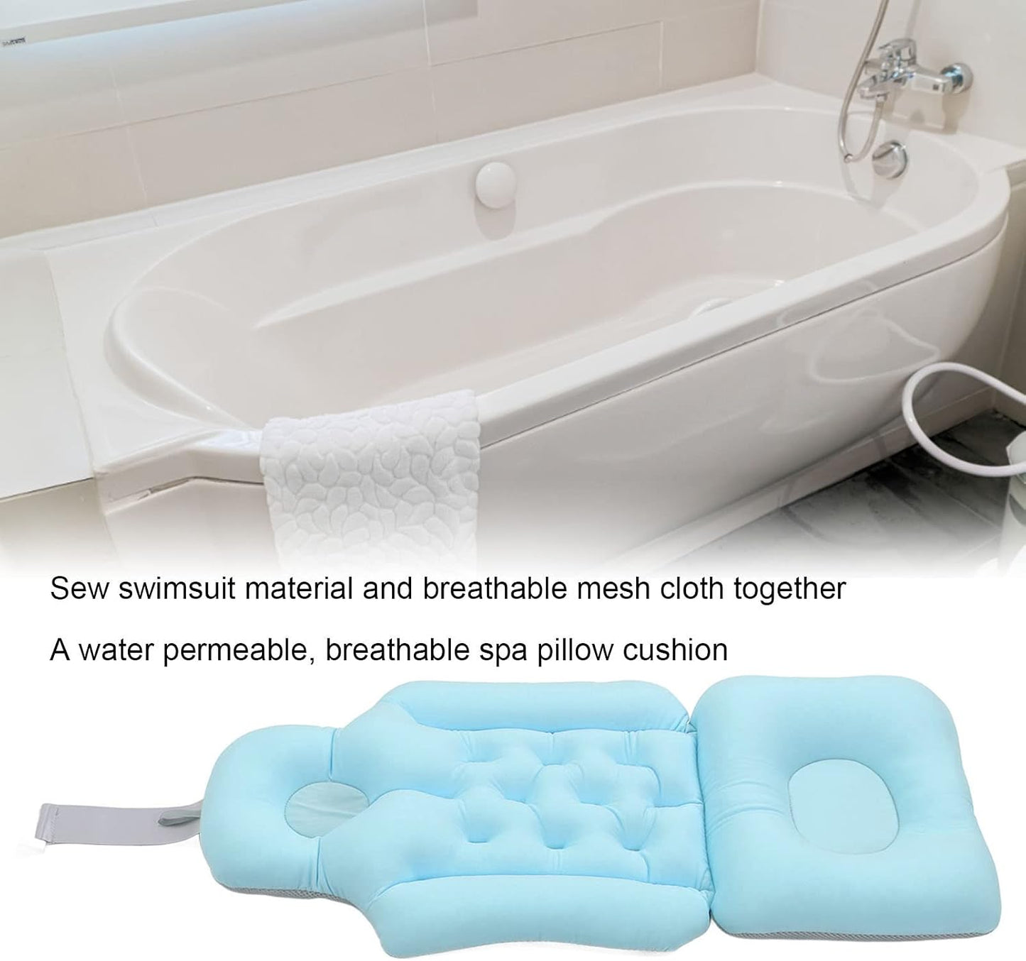 Full Body Bath Pillow Bathtub Cushion with Soft Folding Headrest, Back Support & Neck Support Pillow for Tub (Blue)