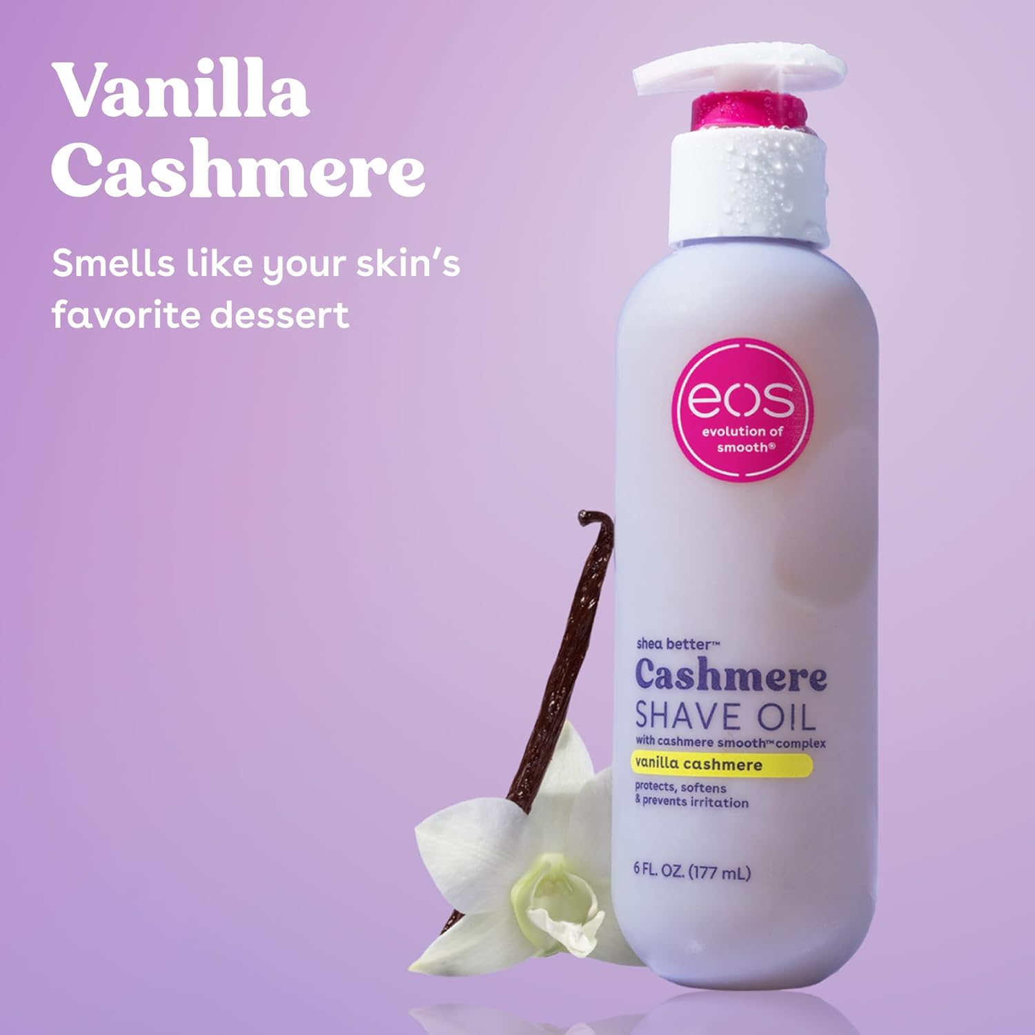 eos Cashmere Shave Oil – Vanilla Cashmere, Moisturizing Shave Oil with Shea Butter & Glycerin, Helps Prevents Irritation & Razor Burn, Vegan, 6 fl oz