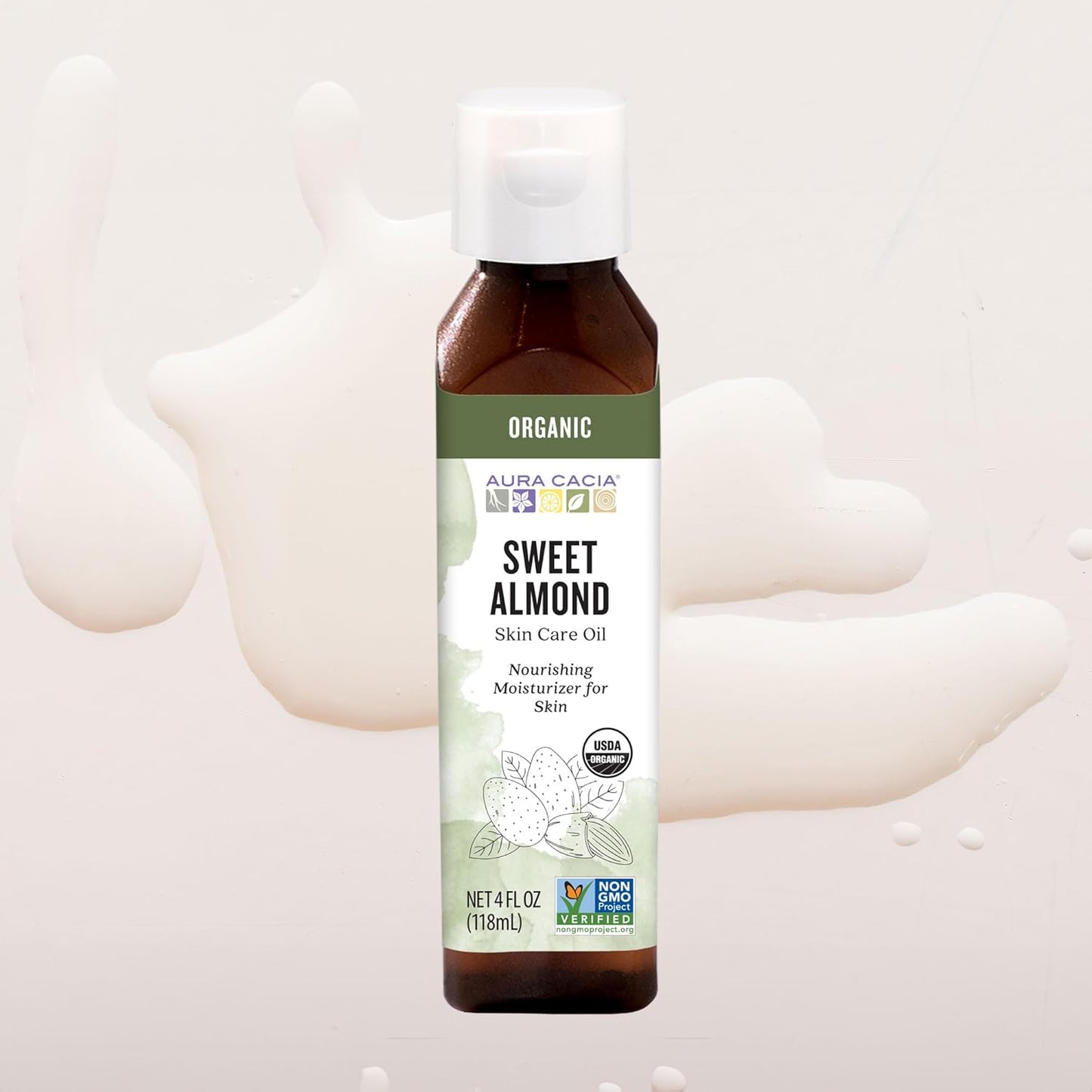 Aura Cacia Organic Sweet Almond Oil - GC/MS Tested, USDA Organic, Mild, Versatile Sweet Almond Oil for Skin, DIY, Aromatherapy and Home Use | 4 Fluid Ounces (Pack of 1)