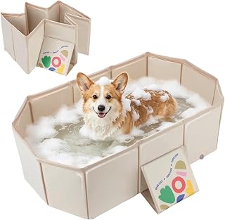 Foldable Dog Bathtub for Small to Medium Dogs & Cats, Portable Dog Tub with Drain Plug & Non-Slip PVC Bottom, Use as Shower Pet Bathtub or Puppy Pool, Fold Flat for Easy Carry & Storage (White)