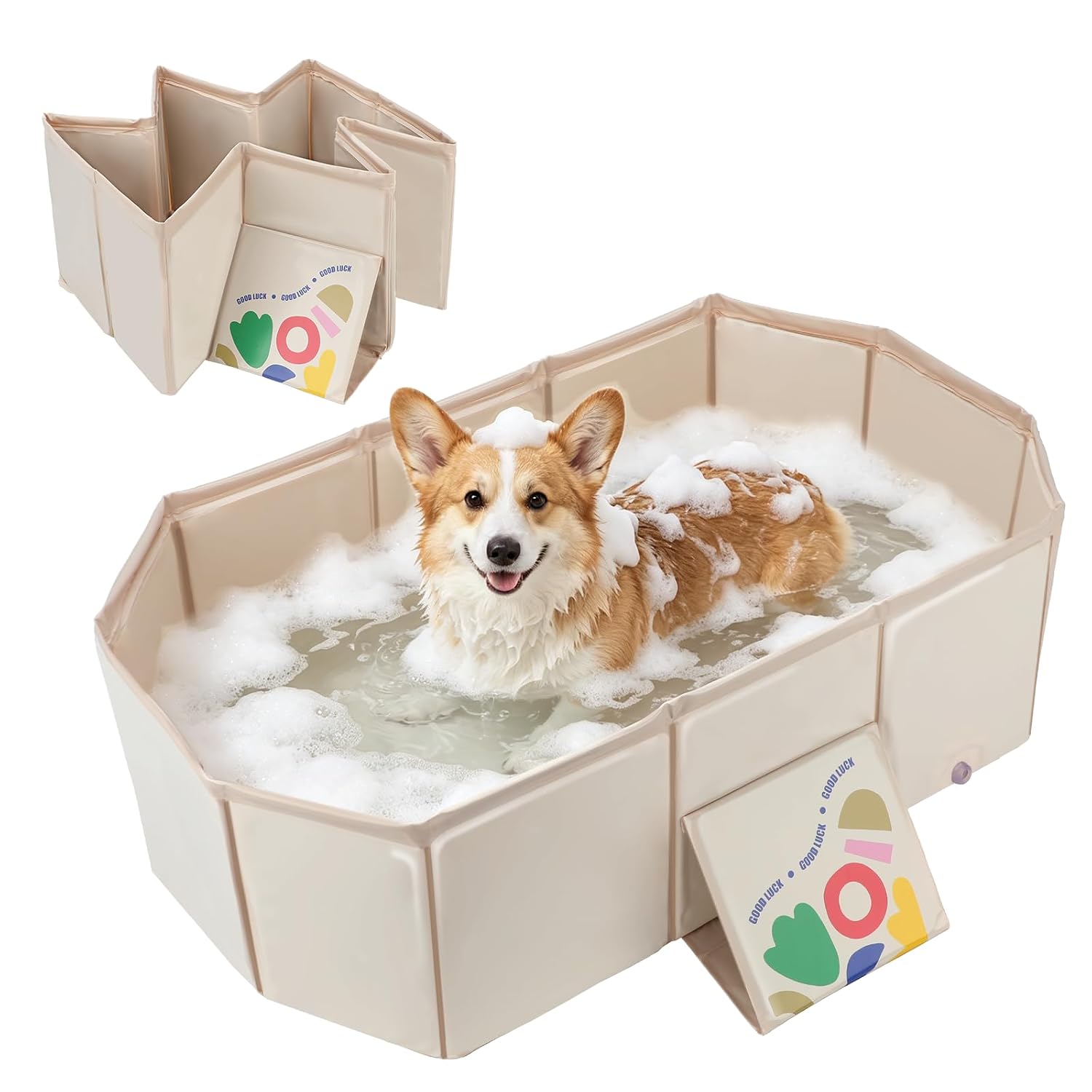 Foldable Dog Bathtub for Small to Medium Dogs & Cats, Portable Dog Tub with Drain Plug & Non-Slip PVC Bottom, Use as Shower Pet Bathtub or Puppy Pool, Fold Flat for Easy Carry & Storage (White)