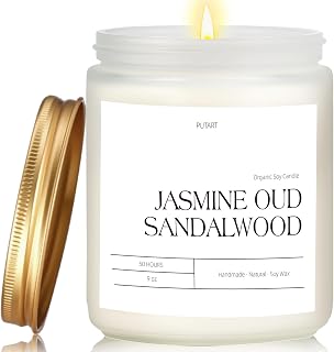Jasmine, Oud & Sandalwood Scented Candles for Home, Natural Soy Wax Aromatherapy Non Toxic Candle Gifts for Women Men, Home Fragrance Decoration Glass Jar Candle for Relaxation (9oz White