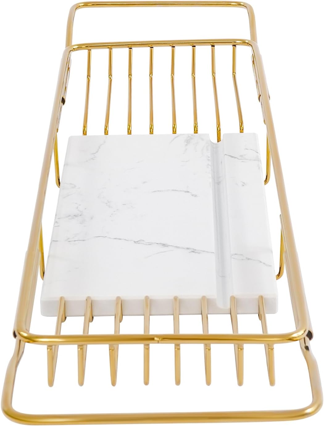 Expandable Bathtub Tray, Stainless Steel Bathtub Tray Caddy with Marble Board, Adjustable Bathtub Shelf Wide Bath Tub Tray for Spa Relaxation Bath Bombs (White+Gold)