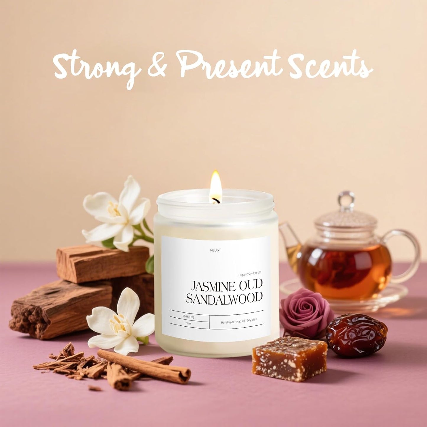 Jasmine, Oud & Sandalwood Scented Candles for Home, Natural Soy Wax Aromatherapy Non Toxic Candle Gifts for Women Men, Home Fragrance Decoration Glass Jar Candle for Relaxation (9oz White