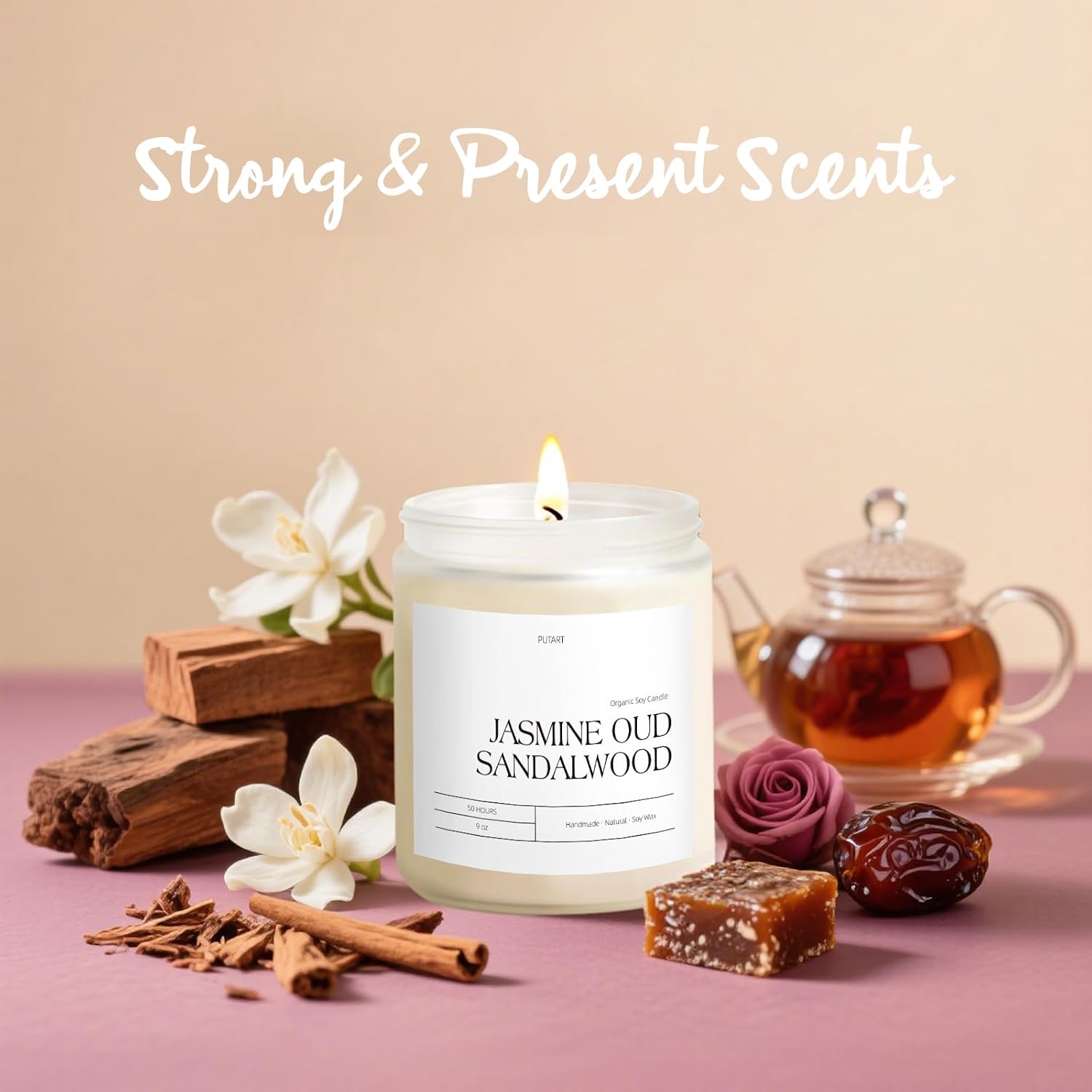 Jasmine, Oud & Sandalwood Scented Candles for Home, Natural Soy Wax Aromatherapy Non Toxic Candle Gifts for Women Men, Home Fragrance Decoration Glass Jar Candle for Relaxation (9oz White