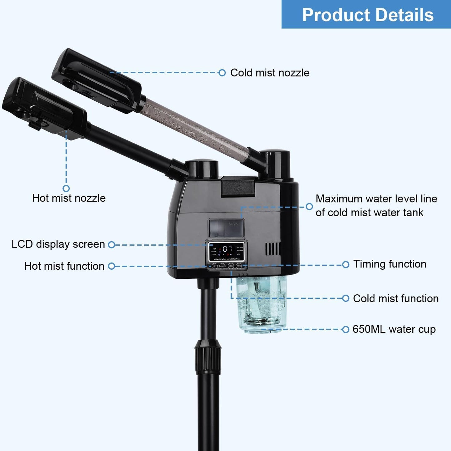 FLOLXNB Professional Facial Steamer, 2 in 1 Facial Steamer, Esthetician Steamer with Hot&Cold Nozzle,Digital Face Steamer for Home Beauty Salon Spa