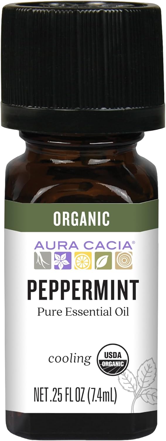 Aura Cacia Organic Peppermint Essential Oil, Mentha Piperita Oil, Cooling Aromatherapy for Diffusers, Skincare, Massage, Custom Blends | 0.25 Fl Oz (Pack of 1)
