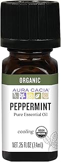 Aura Cacia Organic Peppermint Essential Oil, Mentha Piperita Oil, Cooling Aromatherapy for Diffusers, Skincare, Massage, Custom Blends | 0.25 Fl Oz (Pack of 1)
