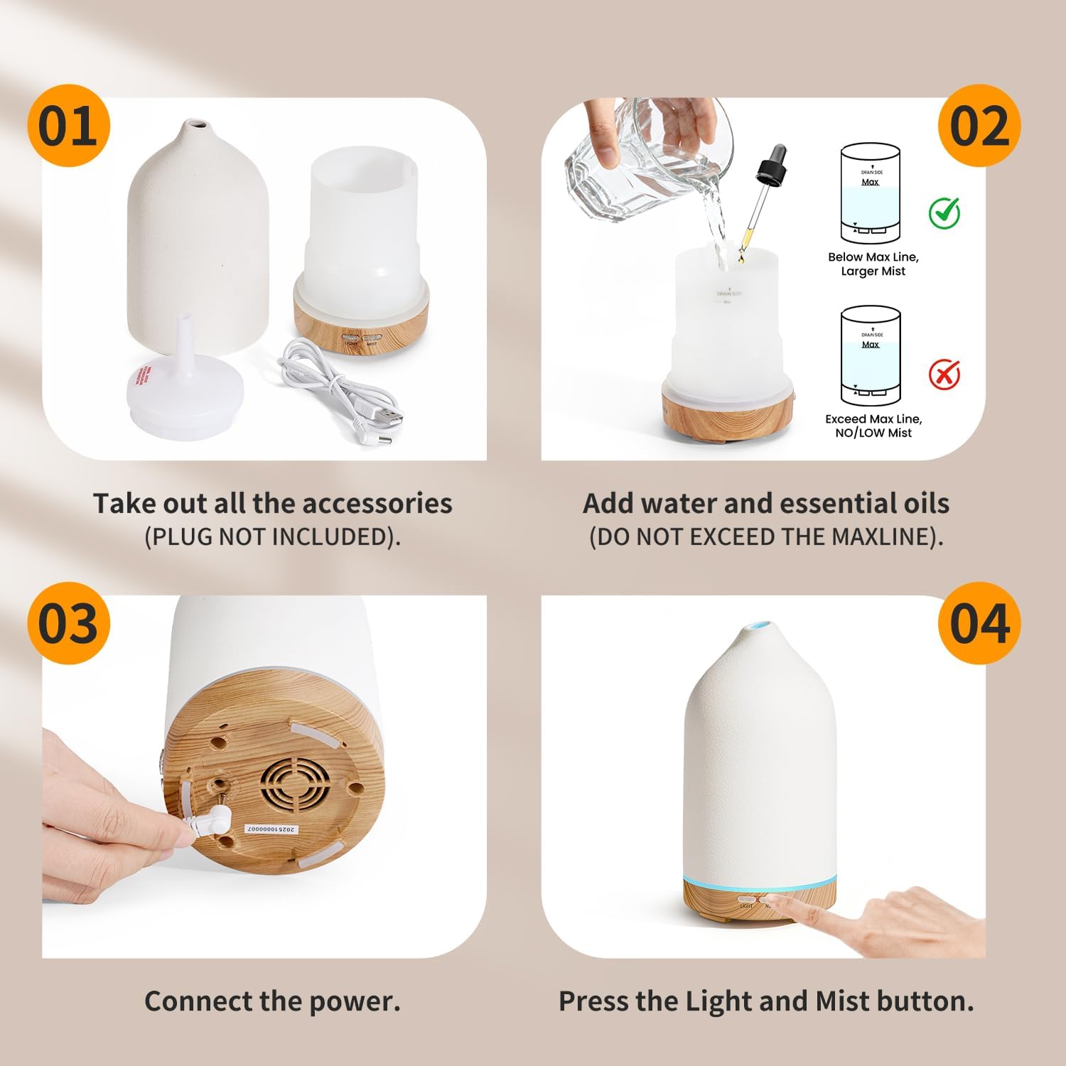 URPOWER 120ML Ceramic Essential Oil Diffuser, Ultrasonic Aromatherapy Diffuser with 7-Color Lights, Auto Shut-Off, Quiet Oil Diffuser for Bedroom, Home Office