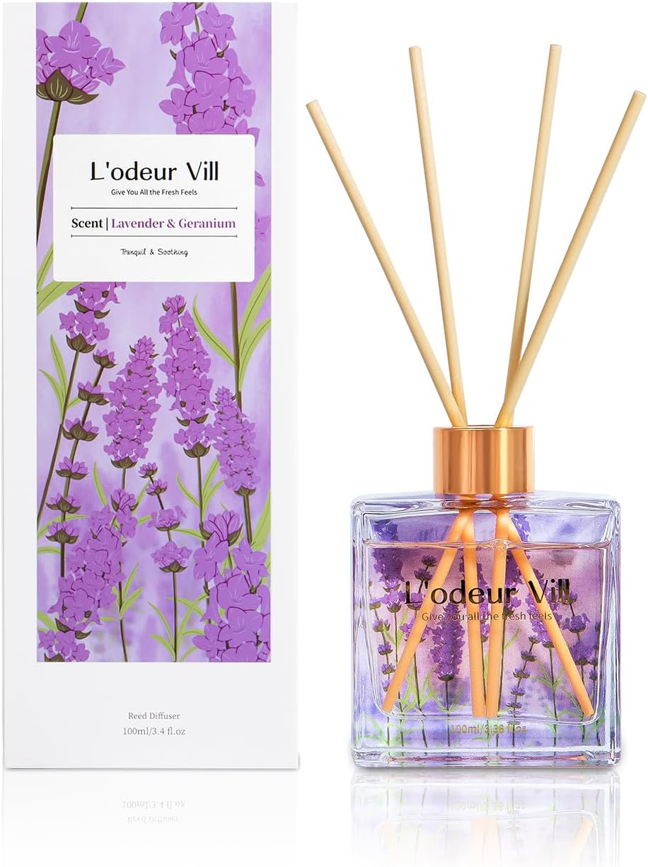 Reed Diffuser Set/Lavender Geranium/3.38 fl.oz（100ML）/1 Pack with 6 Reed Sticks/Home Fragrance Diffuser, Oil Scent Diffuser for Bathroom Shelf Decor.