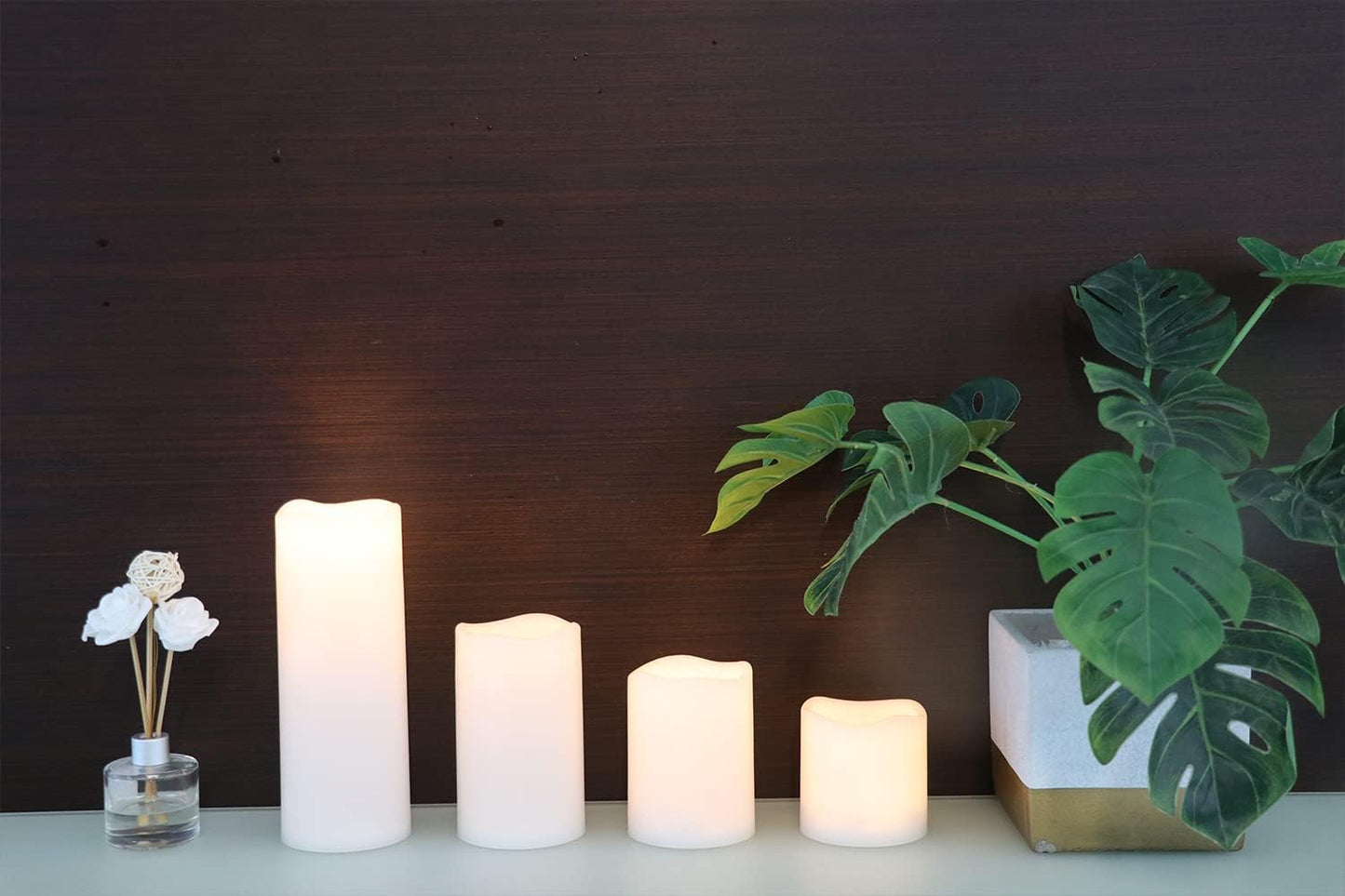 Outdoor Flameless Flickering Candles with 6 Hour Timer, 3 AAA Batteries Operated Waterproof LED White Plastic Pillar Candles Set of 4 Home Garden Decoration(3" x 4",5",6",8")