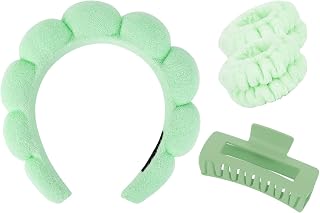 Wecoe Spa Headband And Wristband Set Skincare Headband For Washing Face Hair Claw Clips For Thick Hair Cute Green Puffy Sponge Makeup Bubble Head Band Wrist Towels Scrunchies For Women Girls