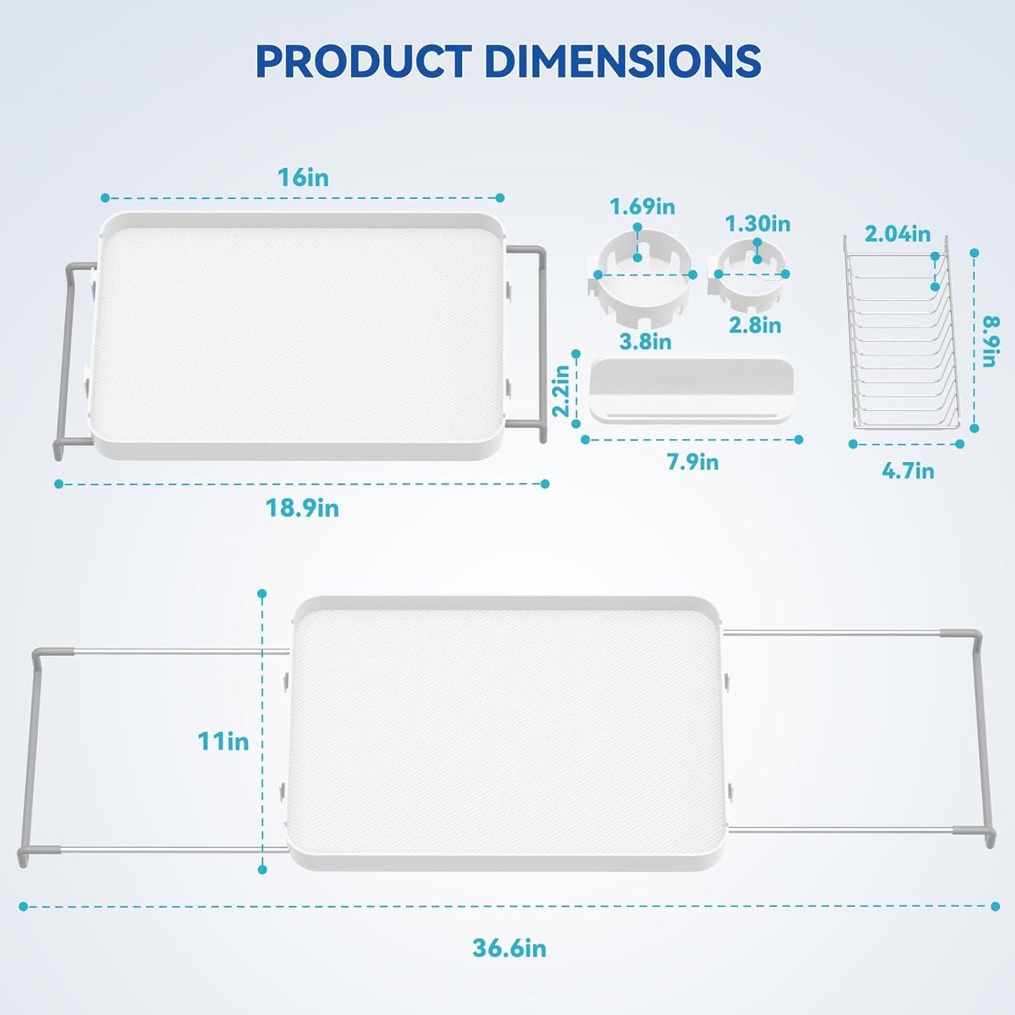 Bathtub Tray for Large Soaking Tub Table Tray Expandable Tub Shelf for Bathtub Caddy Bath Shelf Over Tub Luxury Bath Board Book Holder with Removable 2 Cup Holder Phone Metal Shower Caddy Basket White