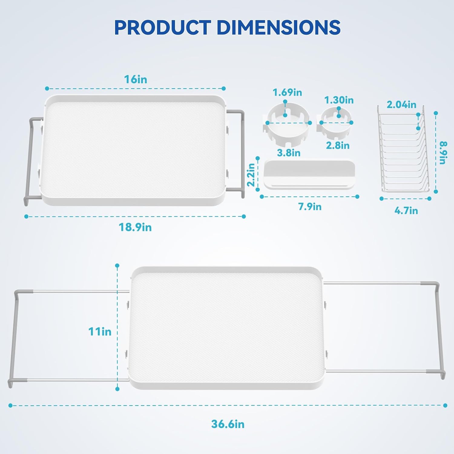 Bathtub Tray for Large Soaking Tub Table Tray Expandable Tub Shelf for Bathtub Caddy Bath Shelf Over Tub Luxury Bath Board Book Holder with Removable 2 Cup Holder Phone Metal Shower Caddy Basket White