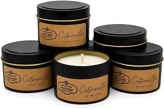 Citronella Soy Wax Candle Set, 5 Pack 3.5 oz Tins, Highly Scented Outdoor Decor for Patio, Deck, Camping & Backyard Gatherings, Hand Poured in USA