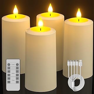 SoulBay Flameless LED Candles, 4-Pack USB Rechargeable, Flickering Waterproof White Pillar Candles with Remote Control Timer for Outdoor Lantern Patio Yard Indoor Holiday Decor, 2.75 x 5.1 Inches