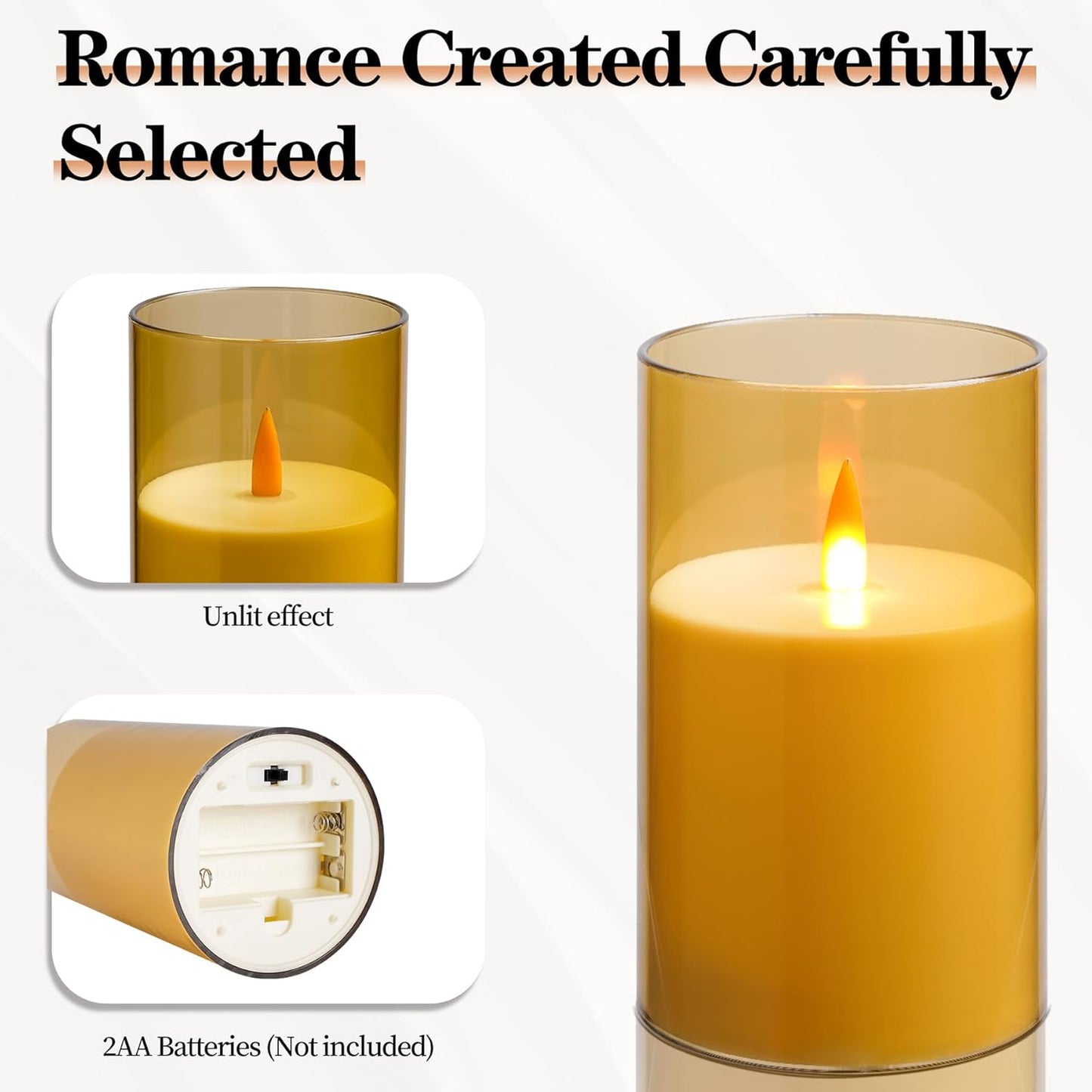 Upinmz Gold Acrylic Flameless Candles with Remote Control and Timers，Battery Operated Candles，LED Pillar Candles with Dancing Flame ，for Home Decorations ，Set of 3
