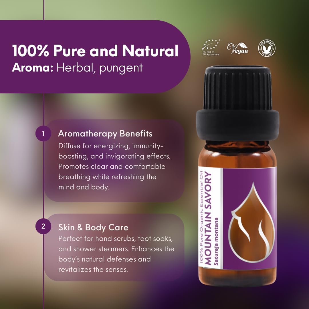 Essences Bulgaria Organic Mountain Savory Essential Oil 1/3 Fl Oz | 10ml | Satureja Montana | 100% Pure and Natural | Undiluted | Therapeutic Grade | Family Owned Farm | Steam-Distilled | Non-GMO