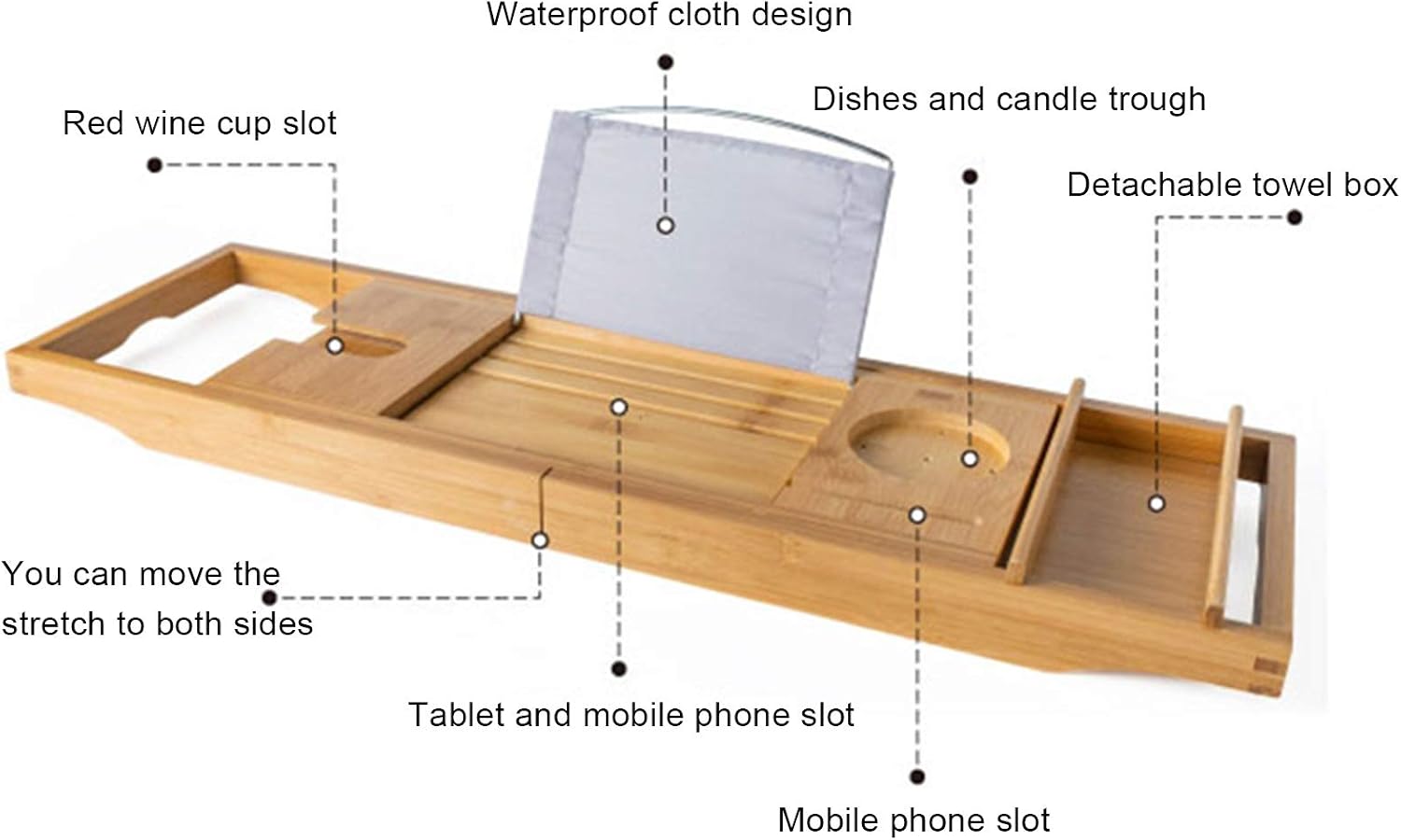 Bath Caddy Tray for Tub, Bamboo Bathtub Tray Caddy 29.5-42.9 inch Expandable with Wine Glass Holder, Book Stand and Phone Slot Luxury Bubble Bath Accessories & Spa Decor Distinctive Gift