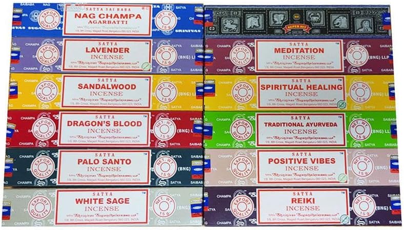 Satya Incense Gift Set - 12 Boxes -15g Each (Total 180g) - Handpicked Scents from The Original Factory in Bengaluru - Ideal for Meditation, Healing, Smudging, Reiki.