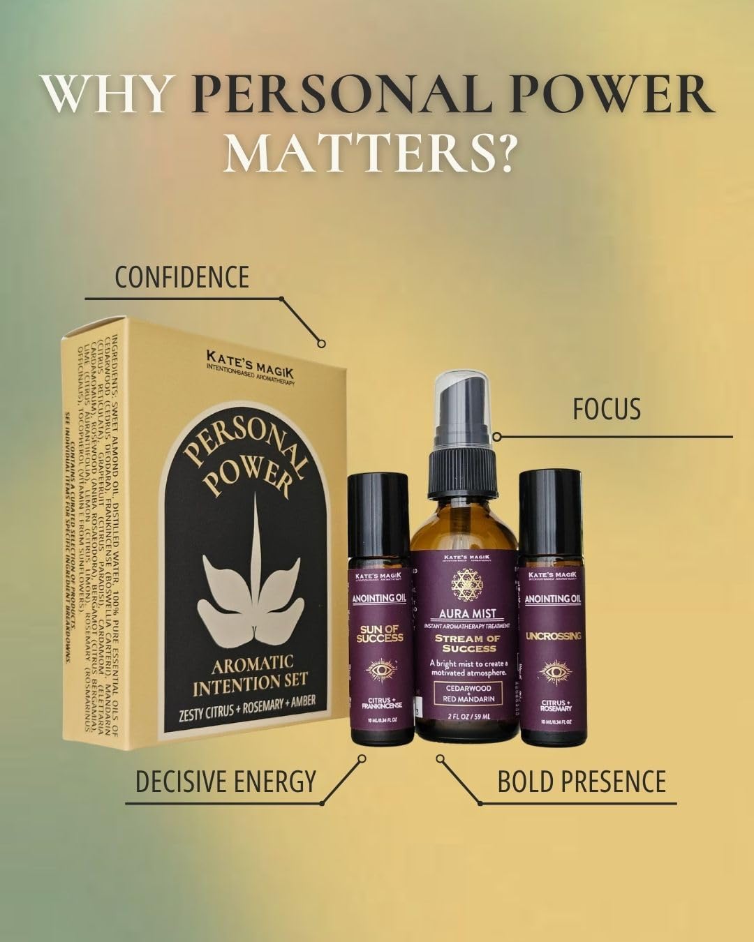 Kate’s Magik Personal Power Aromatic Intention Set, Aura Mist and Anointing Oil Roll-Ons, Bright Citrus & Herbal Wearable Aromatherapy for Confidence, Clarity and Focus
