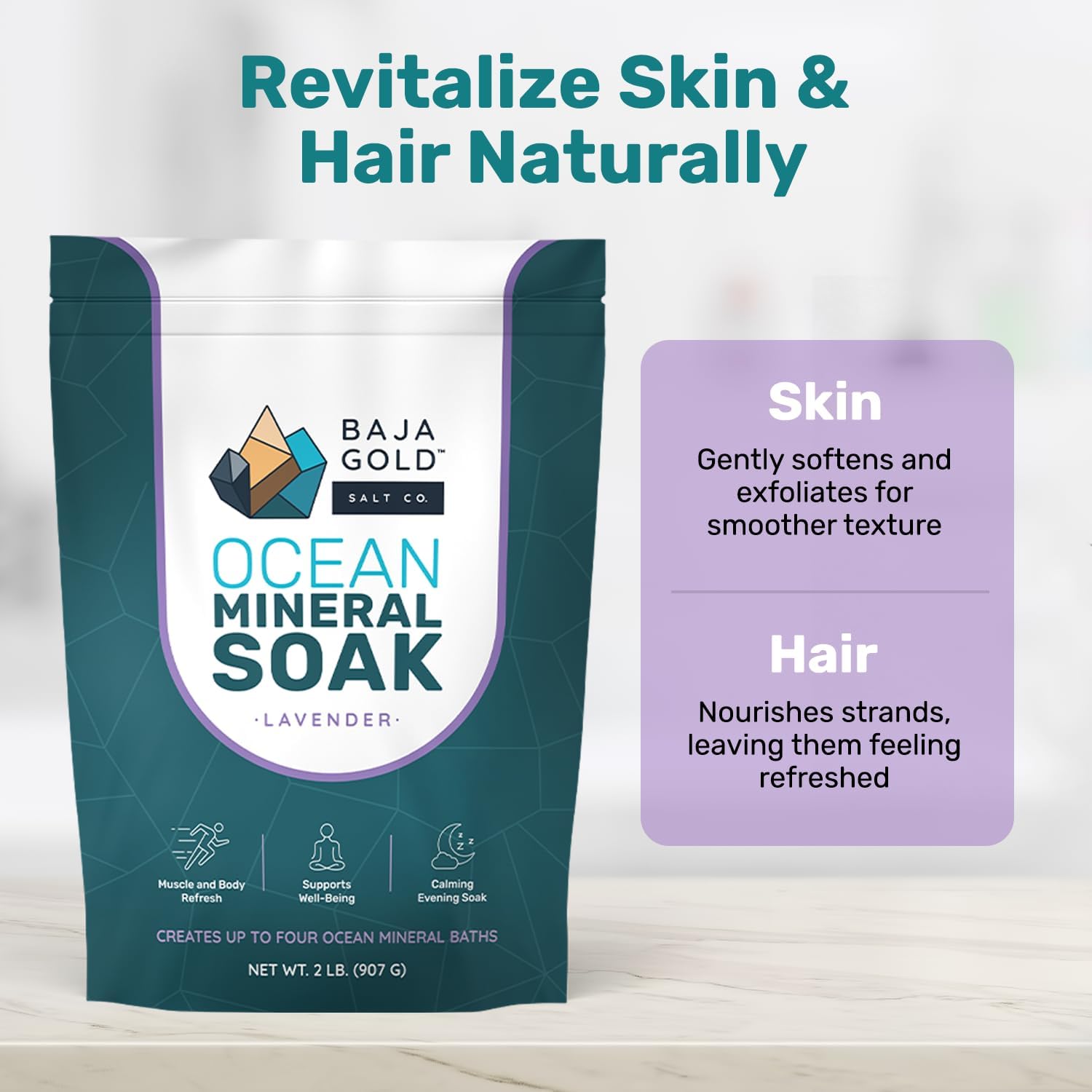 Baja Gold Ocean Mineral Soak – Natural Magnesium Bath Soak & Trace Elements | Relaxing, Clean Ingredient Soak for Bath, Muscles, Relaxation & Skin Care | Pure, Vegan, 2 Lb Resealable Bag, Lavender