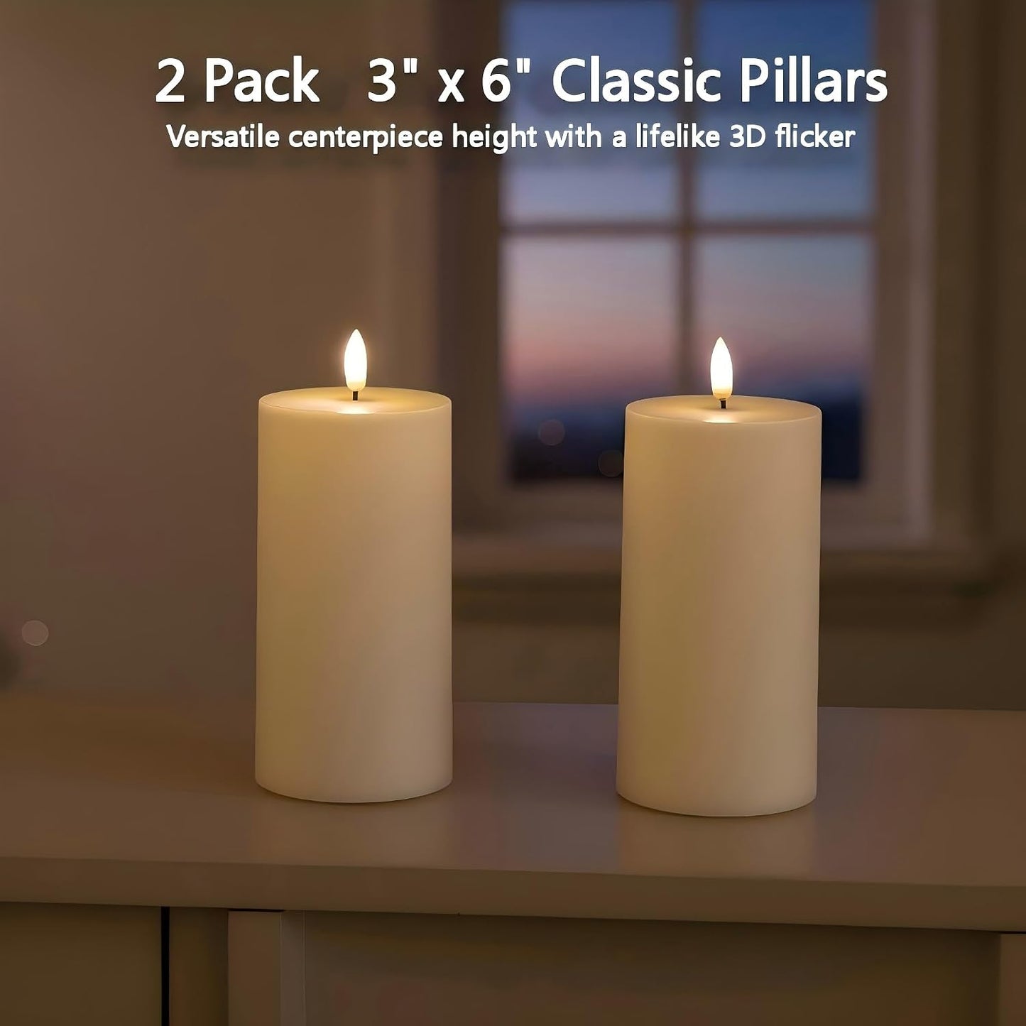 ANGELLOONG Flameless Pillar Candles with Timer, 2 Pack 3 x 6 Inch Waterproof Battery Operated Flickering LED Candle for Outdoor Wedding Table Decor
