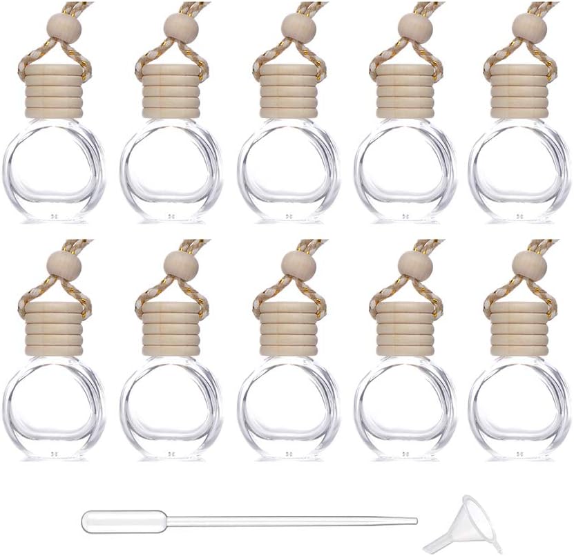 Car Aromatherapy Essential Oil Diffuser Bottle,10 Pack Car Air Freshener Bottle Empty Hanging Perfume Bottle Fragrance Decor Accessories Auto Window Ornament (round)