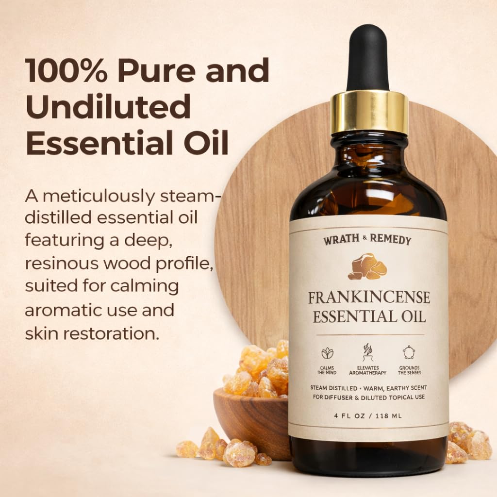 Organic Frankincense Essential Oil — USDA Certified, Premium Steam-Distilled & Undiluted Boswellia Resin — 100% Pure Frankincense Oil for Skin, Aromatherapy, Diffuser & More (Amber Glass Bottle, 4OZ)