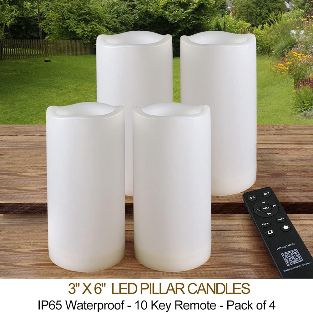 Pack of 4 White LED Candles Outdoor 3x6 - Unscented IP65 Waterproof Battery Powered Flameless LED Pillar Candles with Remote and Timer - Battery Operated Flameless Candle Flickering