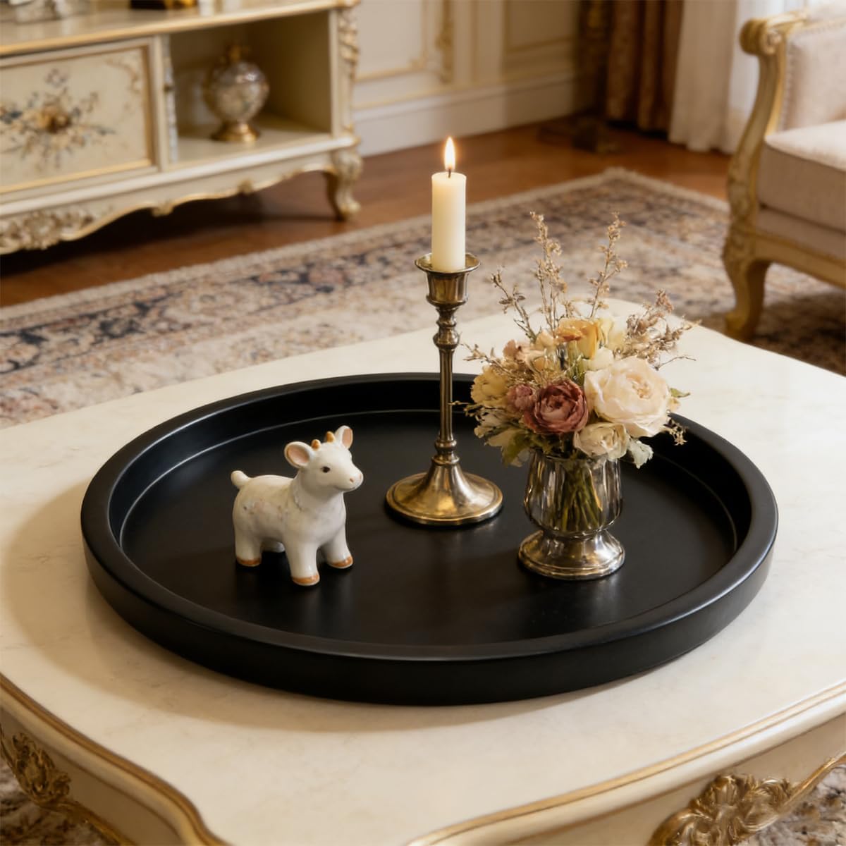 Round Metal Candle Plate, Black Candlestick Tray, Modern Candle Holders and Dish for Table, Decorative Serving Tray, Large Candle Charger Plate(14 inches)