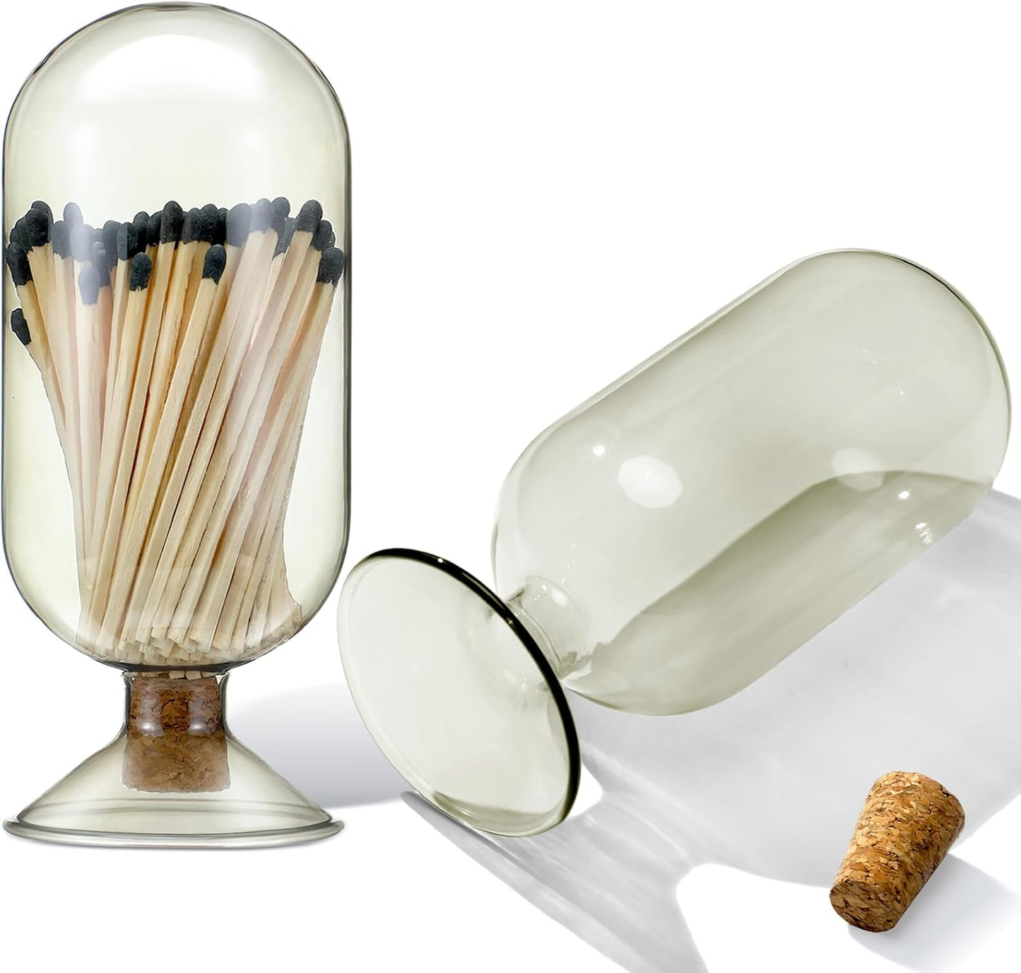 Teenyyou Smoke Grey Glass Match Cloche Holder Decorative Matches Jar Trendy Fireplace Display Decor, Not Include Sticks(7 x 2.95 Inch)
