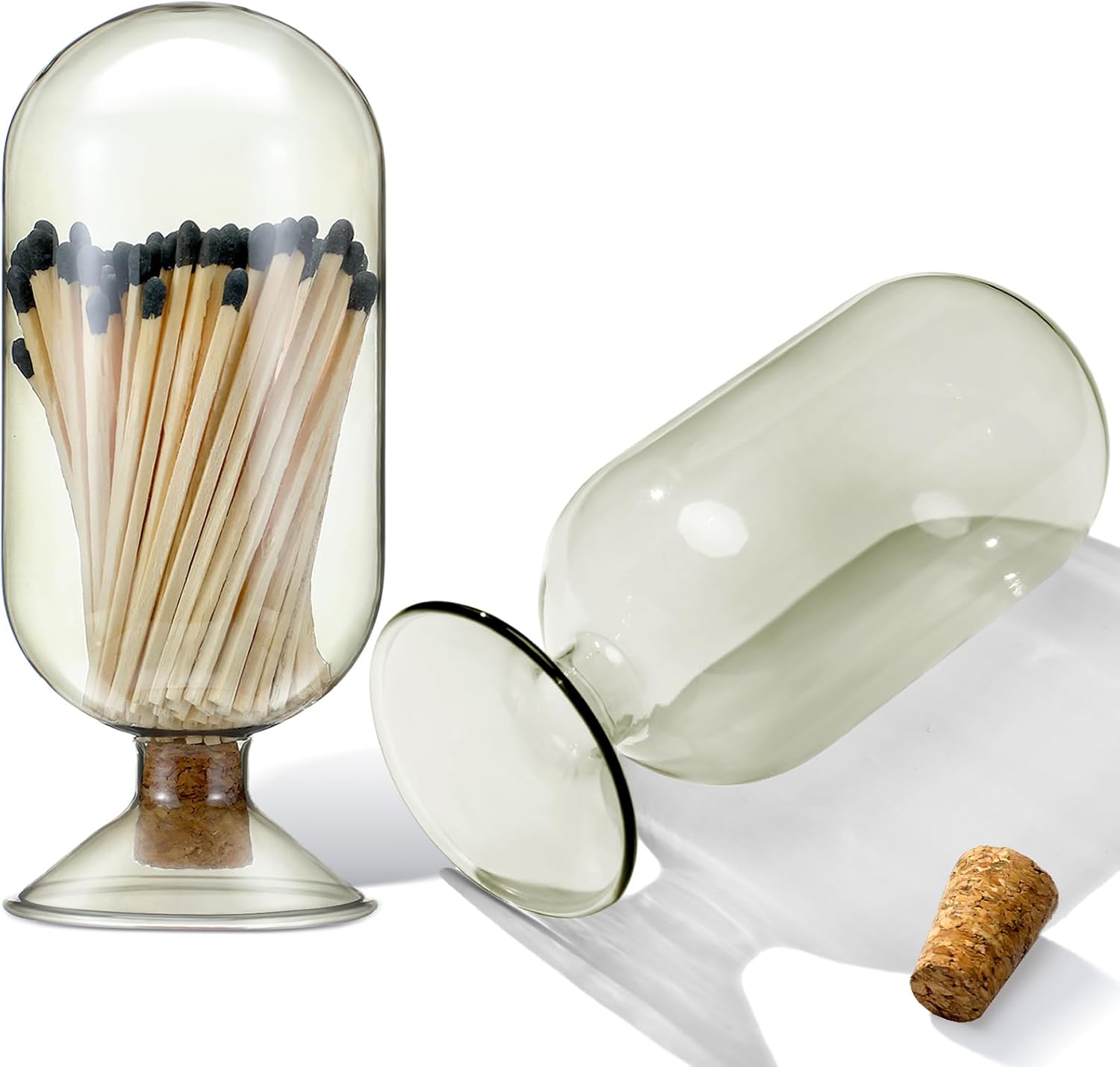 Teenyyou Smoke Grey Glass Match Cloche Holder Decorative Matches Jar Trendy Fireplace Display Decor, Not Include Sticks(7 x 2.95 Inch)