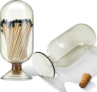 Teenyyou Smoke Grey Glass Match Cloche Holder Decorative Matches Jar Trendy Fireplace Display Decor, Not Include Sticks(7 x 2.95 Inch)