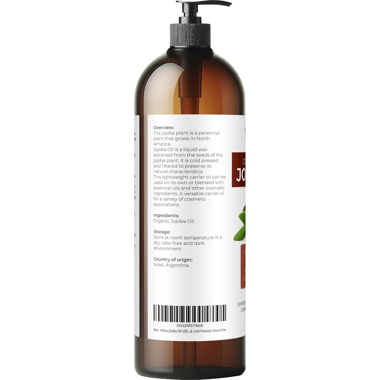velona Jojoba Oil USDA Certified Organic - 32 fl oz (With Pump) | 100% Pure and Natural | Golden, Unrefined, Cold Pressed, Hexane Free | Moisturizing Face, Hair, Body, Skin Care