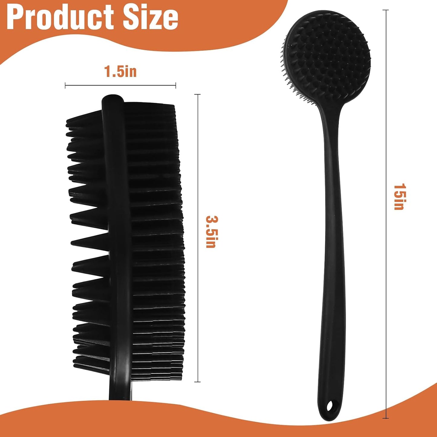 Silicone Body Scrubber for Shower Men Women – Dual-Sided Exfoliating & Massage Shower Brush with Long Handle, Creates Rich Lather, Includes 1 Hook & 2 Lather Balls (Black).