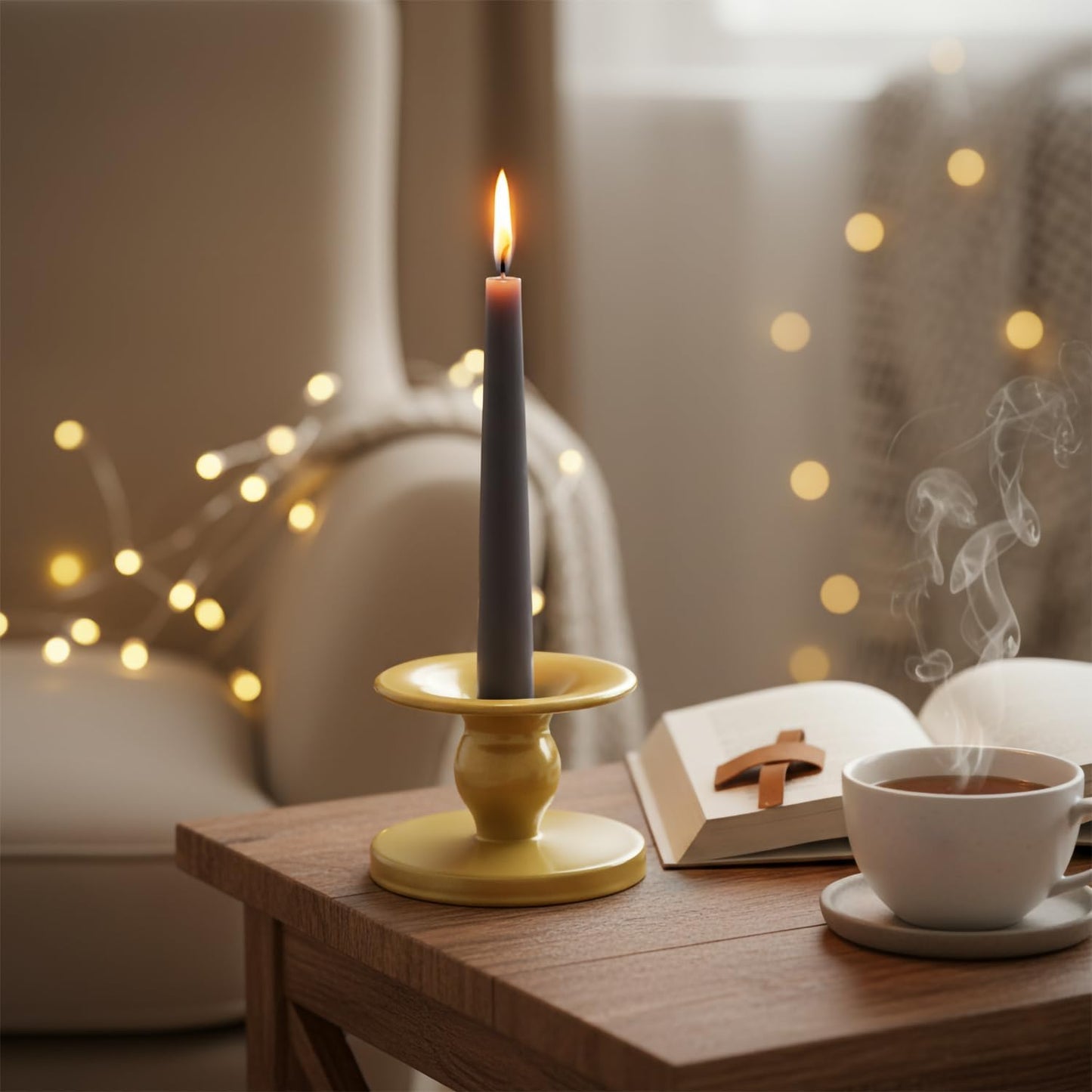 Table Yellow Candle Holders – Set of 2 | Reversible Metal Candle Stand for Pillar & Taper Candles | Stylish Tabletop Candle Tray for Home Décor, Weddings & Special Occasions (Yellow)