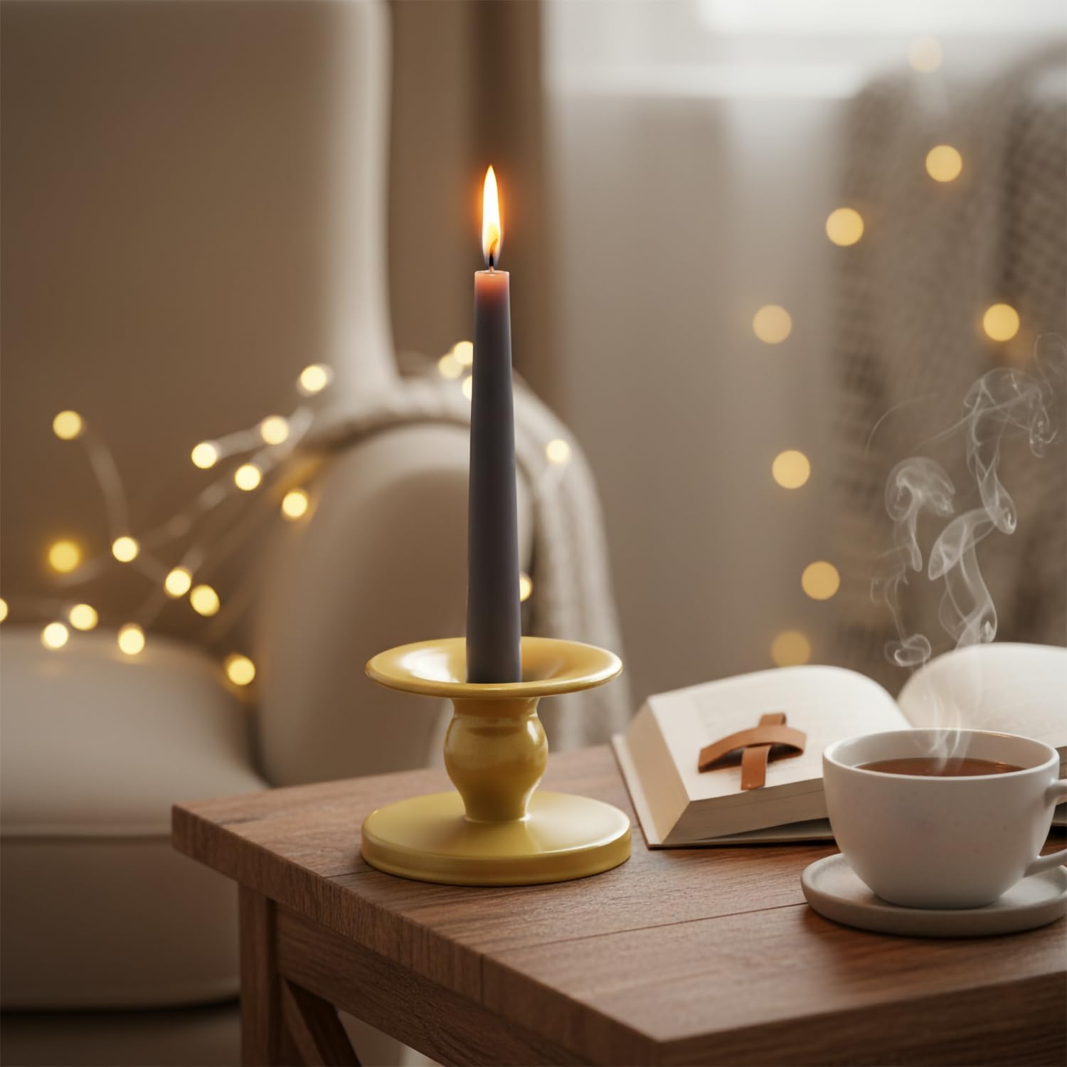 Table Yellow Candle Holders – Set of 2 | Reversible Metal Candle Stand for Pillar & Taper Candles | Stylish Tabletop Candle Tray for Home Décor, Weddings & Special Occasions (Yellow)