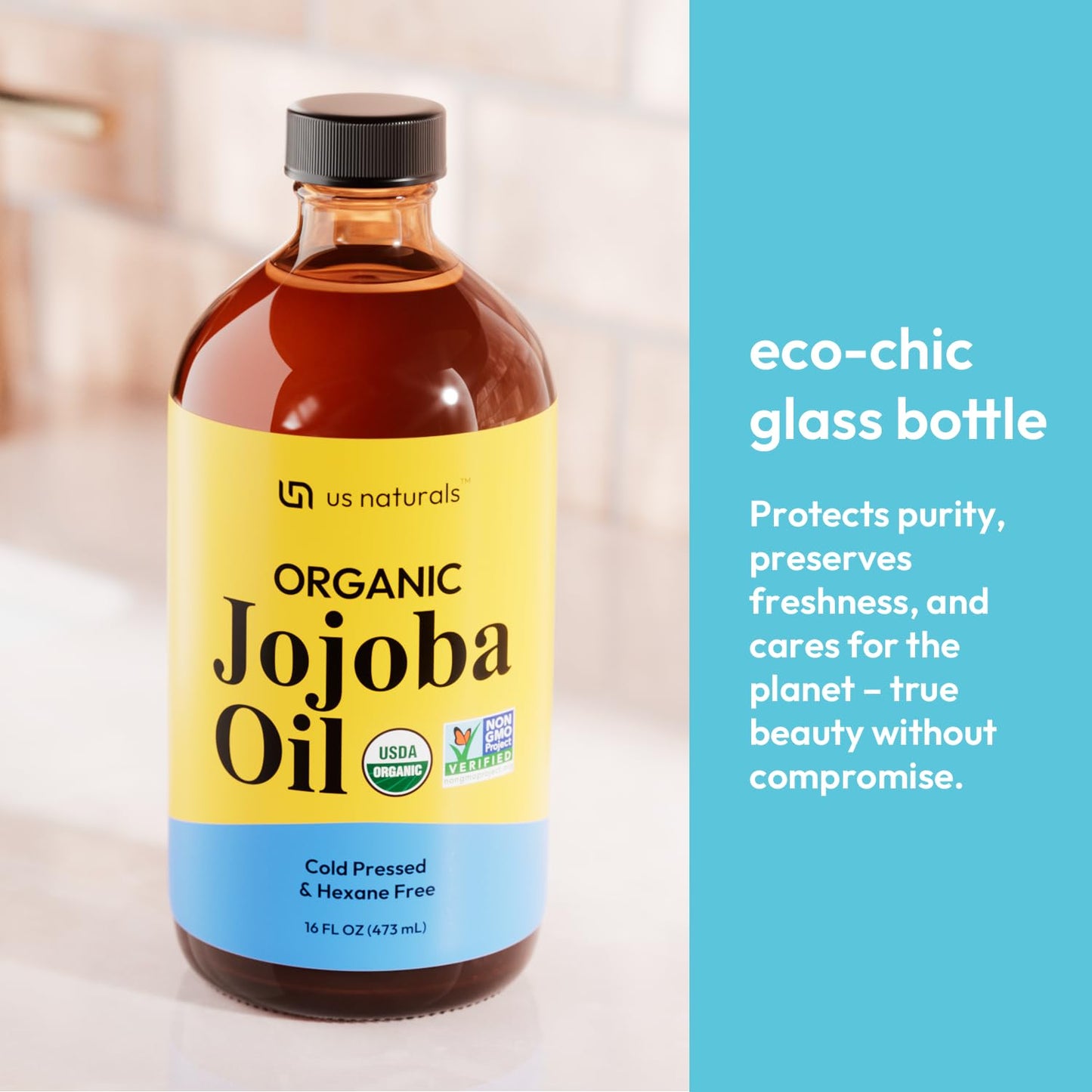 Us Naturals 16oz Organic Jojoba Oil – Glass Bottle – USDA Certified Organic & Non-GMO – 100% Pure, Cold-pressed, Unrefined, Hexane-free – Premium Glow-Boosting Oil
