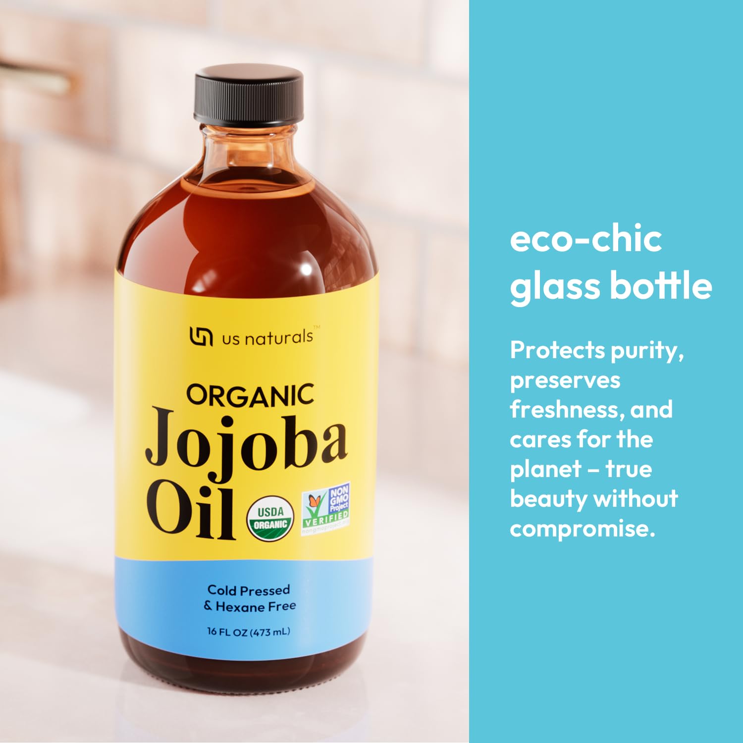 Us Naturals 16oz Organic Jojoba Oil – Glass Bottle – USDA Certified Organic & Non-GMO – 100% Pure, Cold-pressed, Unrefined, Hexane-free – Premium Glow-Boosting Oil