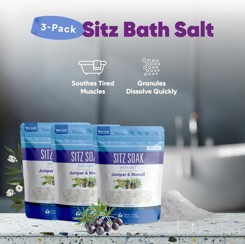 Sitz Bath Salt (3 Pack Soaks Bundle) Hemorrhoid Soothing Sitz Soak USP Grade Epsom Salt 3 Pouches 6 Lbs Total with Pure Essential Oils in BPA Free Pouch with Easy Press Seal Made in USA