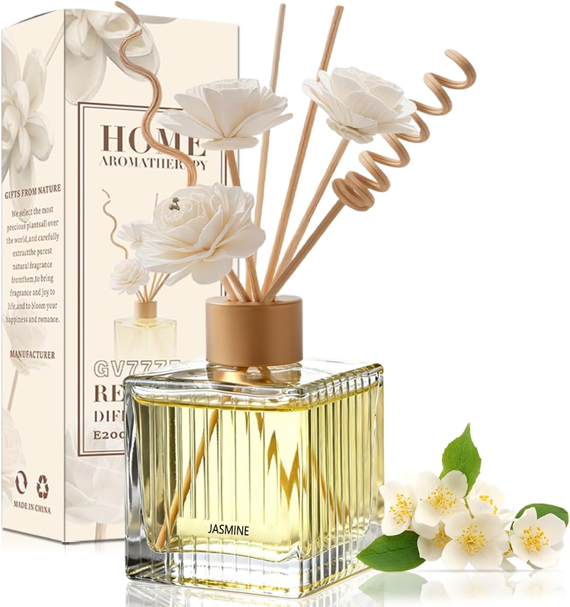 Jasmine Reed Diffuser - 6.7 oz Glass Bottle with 4 Rattan Sticks, 3 Dried Flowers | Adjustable, Long-Lasting Scent for Home, Bedroom, Living Room, Office, Bathroom | Aromatherapy Gift