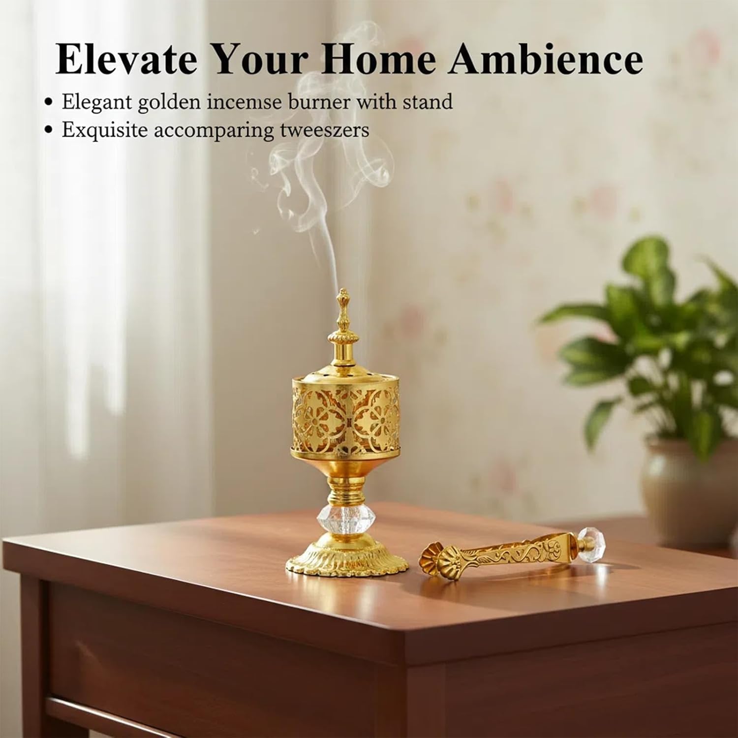 Gold Incense Burner with Tongs - Versatile Bakhoor Resin Thurible for Home, Yoga, Church & Spiritual Use