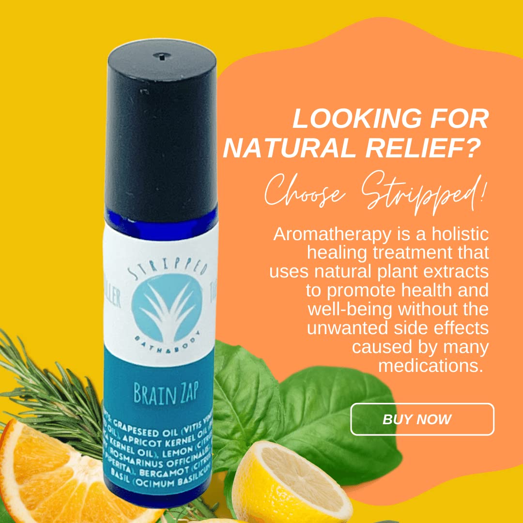 Stripped BRAIN ZAP Aromatherapy Roll On (12ml) – Energy, Focus, Mental Clarity, Inspiration – Mood Lifting Citrus, Mint, Herbal Fragrance – Natural Study Aid – Stocking Stuffer Idea (Single Bottle)